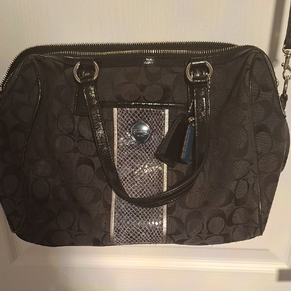Coach Black Signature Shoulder Bag with Metallic Snake-Print Trim